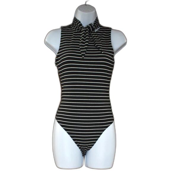 Paige Sparrow Striped Sleeveless Tie Neck Bodysuit Size XS Black White - Picture 4 of 16